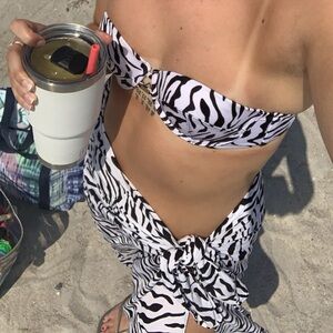 Victoria's Secret Black and White Zebra Print Bikini (M/34B) and Sarong Set